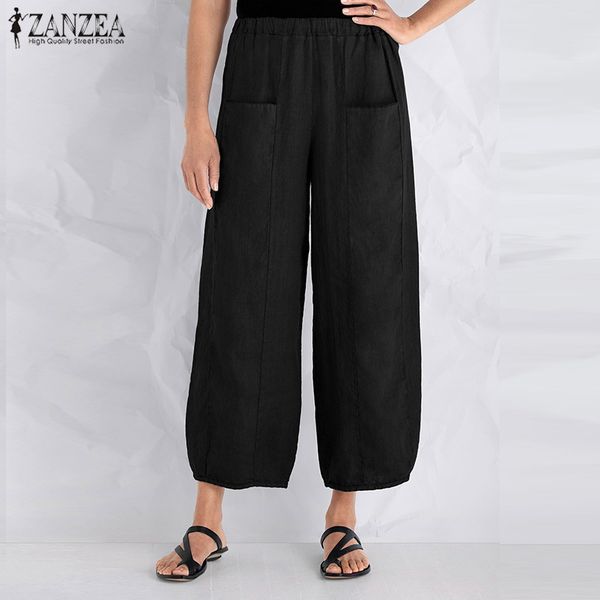 

zanzea summer women solid loose harem pants casual elastic waist pockets baggy cotton linen work pantalon wide leg trousers, Black;white