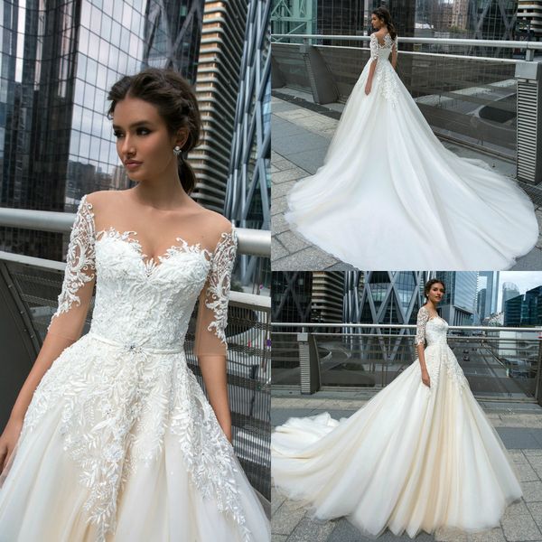 2019 crystal design beach wedding dresses jewel neck a line half long sleeve lace bridal gowns appliques beaded country wedding dress, White
2019 crystal design beach wedding dresses jewel neck a line half long sleeve lace bridal gowns appliques beaded country wedding dress, White
