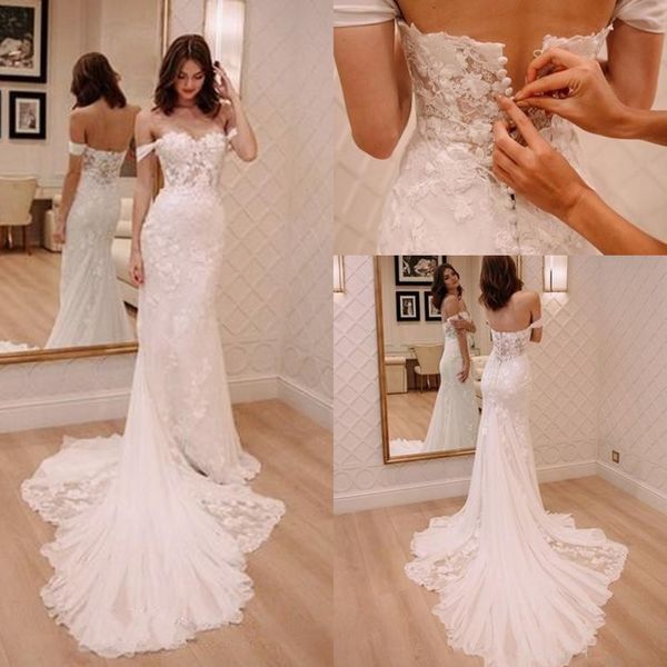 beach mermaid lace wedding dresses modern off shoulder sleeveless appliques sweep train vestidos de novia bridal gowns, White
beach mermaid lace wedding dresses modern off shoulder sleeveless appliques sweep train vestidos de novia bridal gowns, White