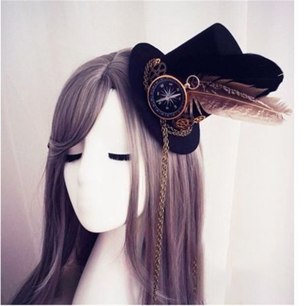 

womens lolita cosplay little hat hairpin steampunk mini hat vintage fedoras gothic gear & compass feather chain headwear, Silver