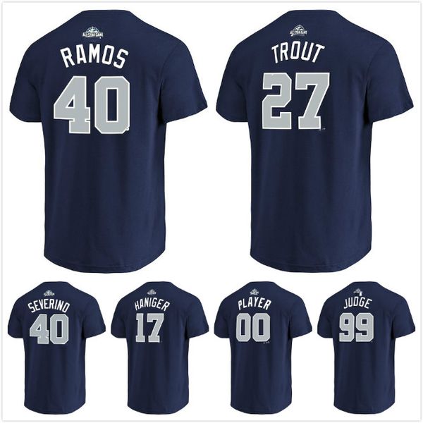 2018 all-star game american league 27 trout 40 luis severino wilson ramos 17 mitch haniger 99 aaron judge name & number t-shirt men lady kid, Blue;black 
2018 all-star game american league 27 trout 40 luis severino wilson ramos 17 mitch haniger 99 aaron judge name & number t-shirt men lady kid, Blue;black