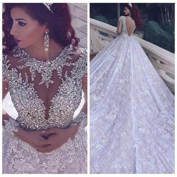 2019 custom o-neck long sleeve lace wedding dresses sequins appliques beaded crystal bridal gowns sheer wedding gowns robe de mariage e27, White
2019 custom o-neck long sleeve lace wedding dresses sequins appliques beaded crystal bridal gowns sheer wedding gowns robe de mariage e27, White
