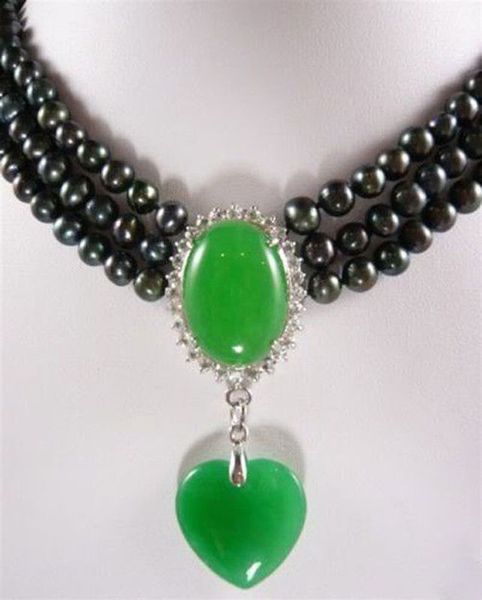 3 rows 6-7mm natural black akoya cultured pearl / green jade pendant necklace<<< ing, Silver
3 rows 6-7mm natural black akoya cultured pearl / green jade pendant necklace<<< ing, Silver