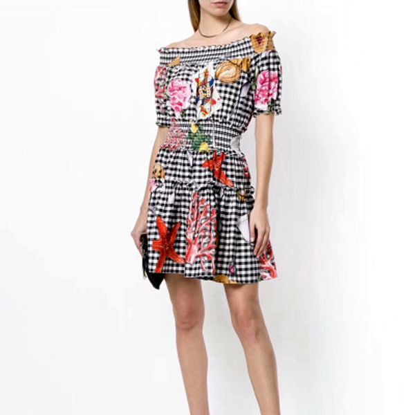 brand designer women runway dresses 2018 summer fashion poker series off shoulder flower print elastic waist party cocktail dresses, Black
brand designer women runway dresses 2018 summer fashion poker series off shoulder flower print elastic waist party cocktail dresses, Black