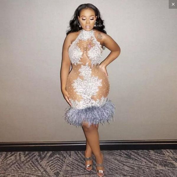 illusion plus size prom dresses halter see through lace appliques feather mermaid evening gowns knee length short homecoming dress, Black
illusion plus size prom dresses halter see through lace appliques feather mermaid evening gowns knee length short homecoming dress, Black