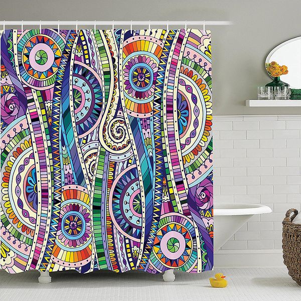 

mosaic style colorful illustration flower pattern ornamental doodle native art polyester fabric bathroom shower curtain