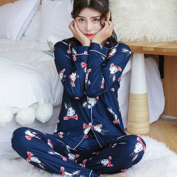 

2018 autumn women comfortable cotton pajama set girl print pink pyjama set long sleeve sleepwear suit nightgown casual homewear, Blue;gray