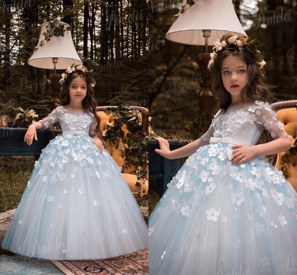 cute long flower girl dress with hand made flowers beaded kids first communion dresses for little girls party gowns, White;blue
cute long flower girl dress with hand made flowers beaded kids first communion dresses for little girls party gowns, White;blue