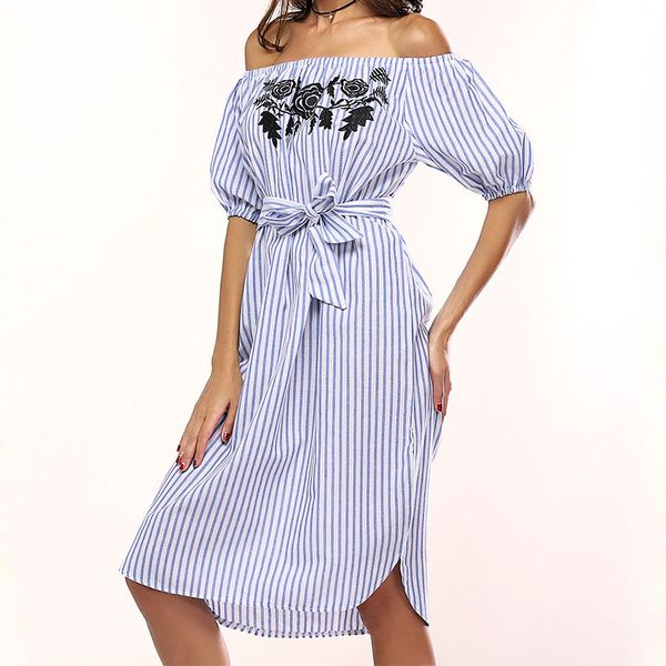 2018 casual blue striped t shirt summer dress women off the shoulder floral embroidery beach midi dress sundress, Black;gray
2018 casual blue striped t shirt summer dress women off the shoulder floral embroidery beach midi dress sundress, Black;gray