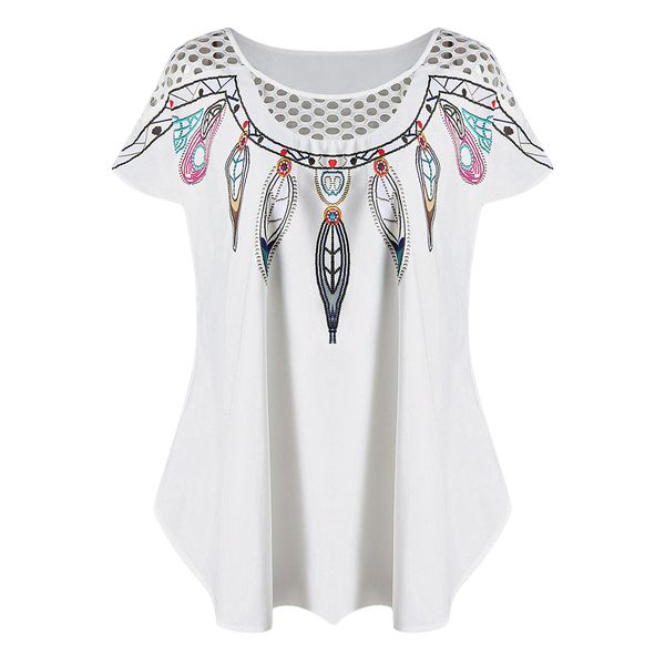 

wipalo plus size hollow out feather print summer women long oversize tee fashion panel scoop neck short sleeve t shirt, White