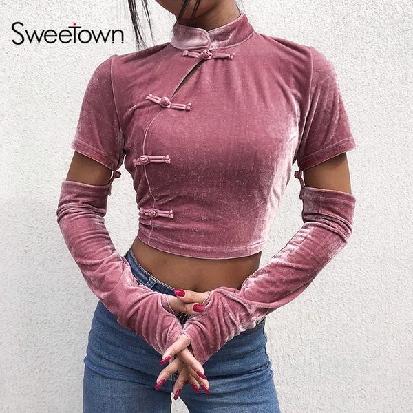 sweetown vintage t shirt women pink velvet patchwork long sleeve tee shirt femme streetwear chinese style turtleneck tshirt, White
sweetown vintage t shirt women pink velvet patchwork long sleeve tee shirt femme streetwear chinese style turtleneck tshirt, White