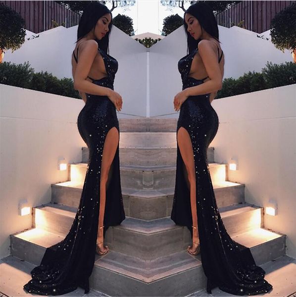 Sexy Mermaid Evening Dresses Black Sequined Prom Dresses 2018 Side Split V Neck Sweep Train Formal Wear
Sexy Mermaid Evening Dresses Black Sequined Prom Dresses 2018 Side Split V Neck Sweep Train Formal Wear