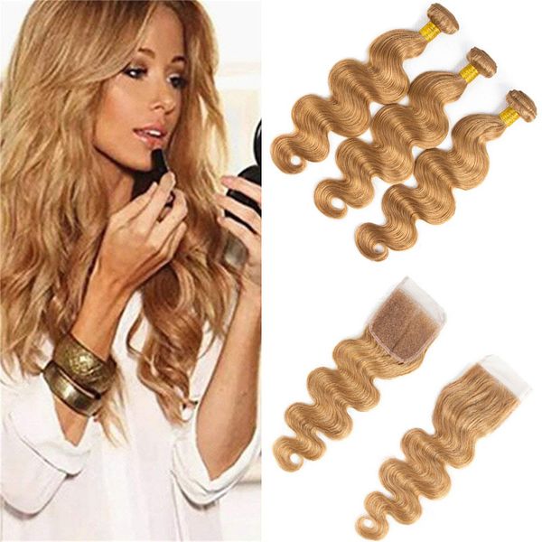 brazilian virgin hair body wave 3 bundles with closure 27# blonde hair bundles with 4x4 lace closure wholesale brazilian human hair wefts, Black;brown