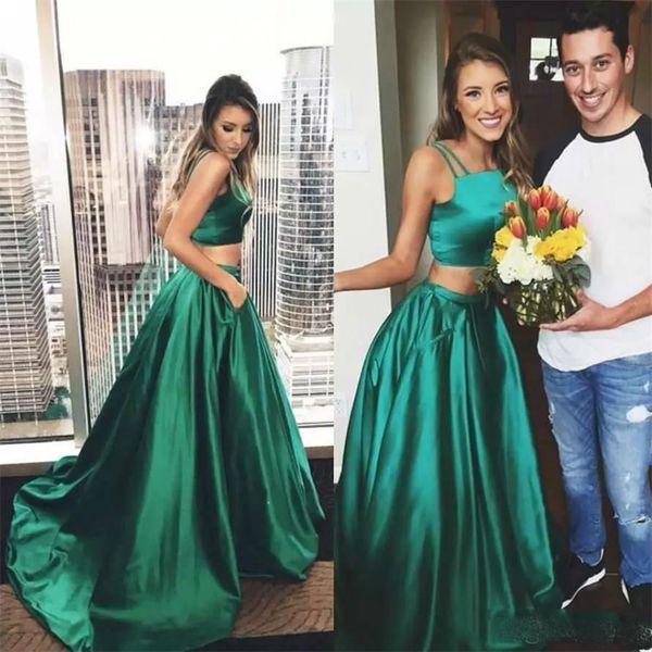 hunter green two pieces prom dresses spaghetti straps a line evening gowns with pockets sweep train formal party dresses, Black
hunter green two pieces prom dresses spaghetti straps a line evening gowns with pockets sweep train formal party dresses, Black