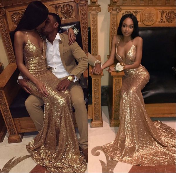 african gold sequined spaghetti straps mermaid prom dresses deep v neck sleeveless backless party evening gowns, Black
african gold sequined spaghetti straps mermaid prom dresses deep v neck sleeveless backless party evening gowns, Black
