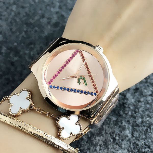 Модный бренд наручные часы для женщин Красочные кристалл треугольник стиль циферблат стальной металлической лентой кварцевые часы GS13