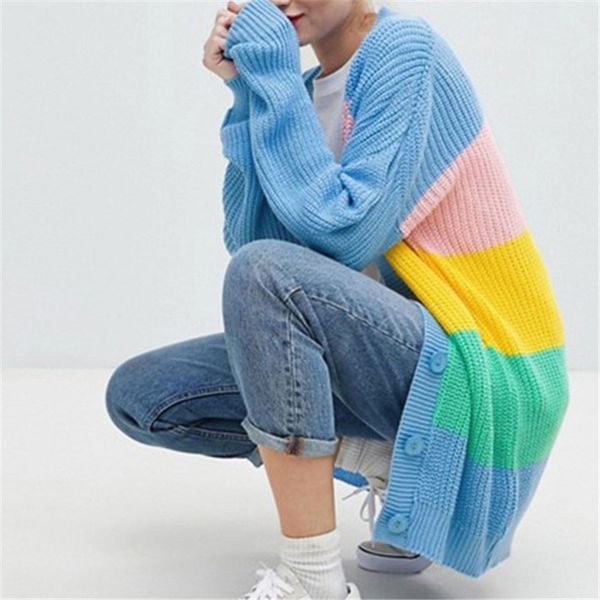 autumn women knitted cardigan rainbow patchwork sweater maccaron color stripes loose harajuku sweater women's sweaters, White;black
autumn women knitted cardigan rainbow patchwork sweater maccaron color stripes loose harajuku sweater women's sweaters, White;black