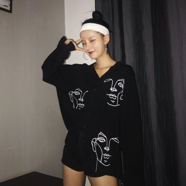 2018 autumn women cotton white blouses line face print retro shirts long sleeve black blouse
2018 autumn women cotton white blouses line face print retro shirts long sleeve black blouse