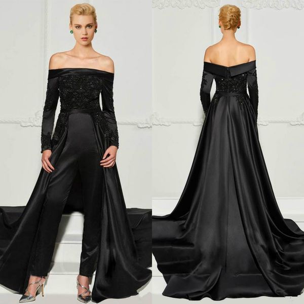 fashion black lace jumpsuits evening dresses with detachable train off the shoulder beaded formal gowns long sleeves pant suits prom dress, Black;red
fashion black lace jumpsuits evening dresses with detachable train off the shoulder beaded formal gowns long sleeves pant suits prom dress, Black;red