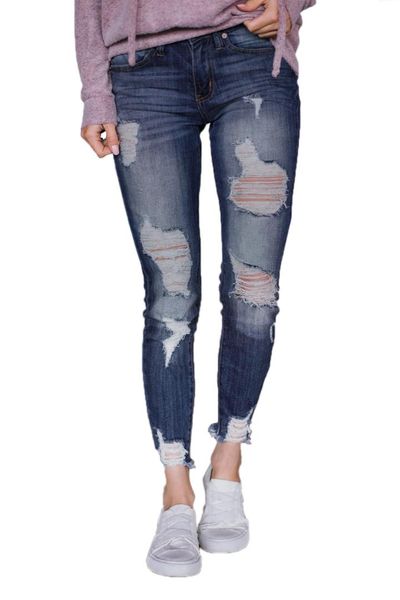 

2018 new arrival autumn women's casual slate blue wash frayed hem distressed jeans lgy 786014