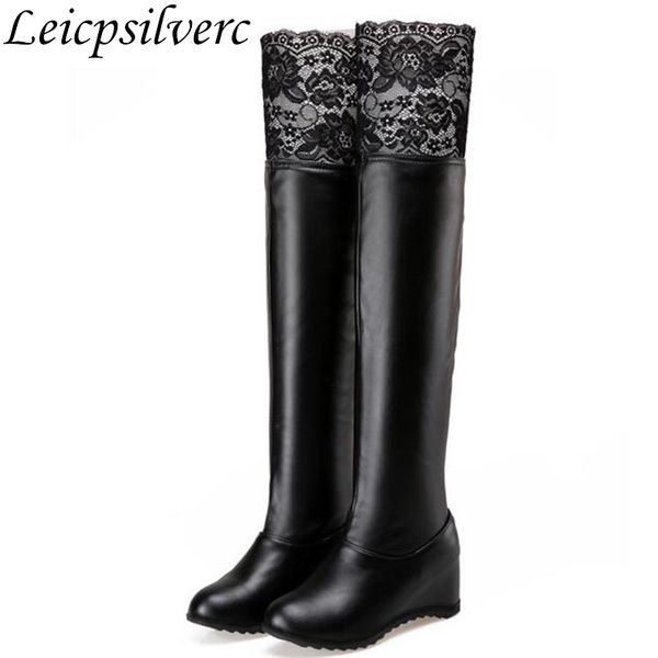 new winter boots women knee high tube slope with lace high-heeled shoes woman boots plus size 35-43, Black
new winter boots women knee high tube slope with lace high-heeled shoes woman boots plus size 35-43, Black