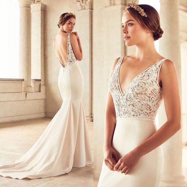 graceful mermaid lace wedding dresses v neck backless bridal gowns sweep train trumpet plus size satin vestido de novia, White 
graceful mermaid lace wedding dresses v neck backless bridal gowns sweep train trumpet plus size satin vestido de novia, White