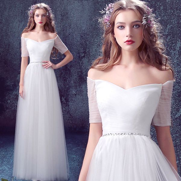off shoulder tulle bridesmaid dress with half sleeves 2019 beaded waist party dress new prom gowns, White;pink
off shoulder tulle bridesmaid dress with half sleeves 2019 beaded waist party dress new prom gowns, White;pink