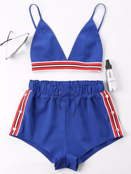 Polyester Fashion Two Pieces Women Set Sexy Bra Crop Top With High Cut Tie Elastic Waist Shorts Suit Outfits Beachwear Women Sets