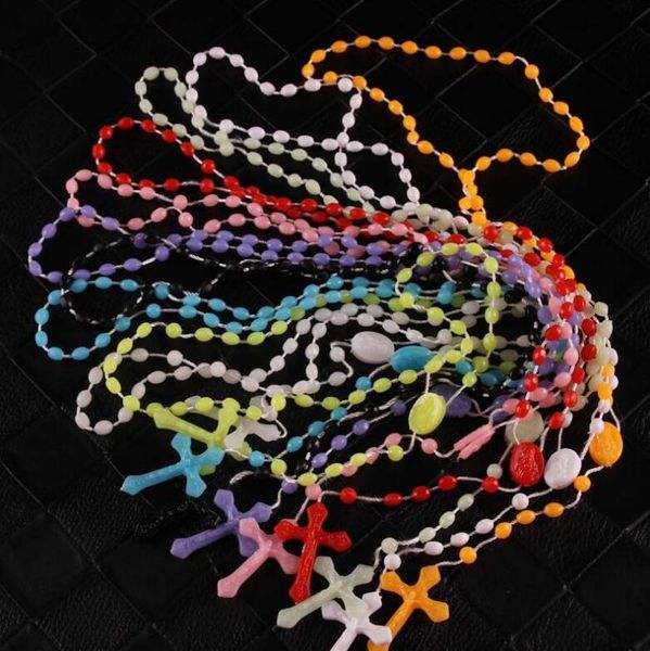 

catholic rosary necklace plastic rosary religious jewelry jesus cross crucifix pendant necklaces night lumious necklace drop shipping, Silver