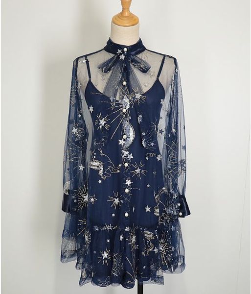 2018 spring collection runway women sequined star moon bowtie pearl buons sheer see through voile 2 pieces mini dress, White;black
2018 spring collection runway women sequined star moon bowtie pearl buons sheer see through voile 2 pieces mini dress, White;black