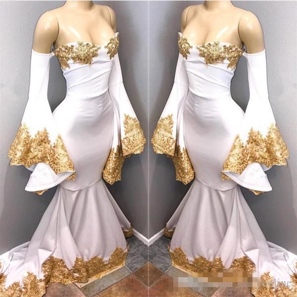 Vintage White with Gold Appliques Mermaid Prom Dresses 2018 Off Shoulders Sexy Backless Long Evening Gowns Party Wears Real Image
Vintage White with Gold Appliques Mermaid Prom Dresses 2018 Off Shoulders Sexy Backless Long Evening Gowns Party Wears Real Image