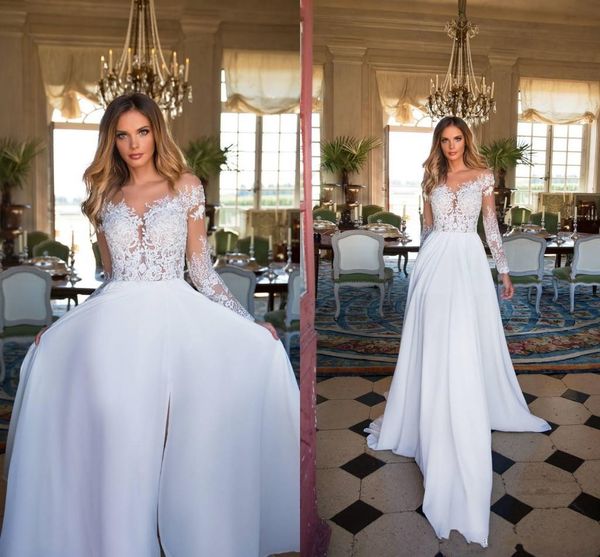 2018 bohemian a line wedding dresses summer beach sheer neck long sleeves illusion side split lace appliques chiffon foraml bridal gowns, White
2018 bohemian a line wedding dresses summer beach sheer neck long sleeves illusion side split lace appliques chiffon foraml bridal gowns, White