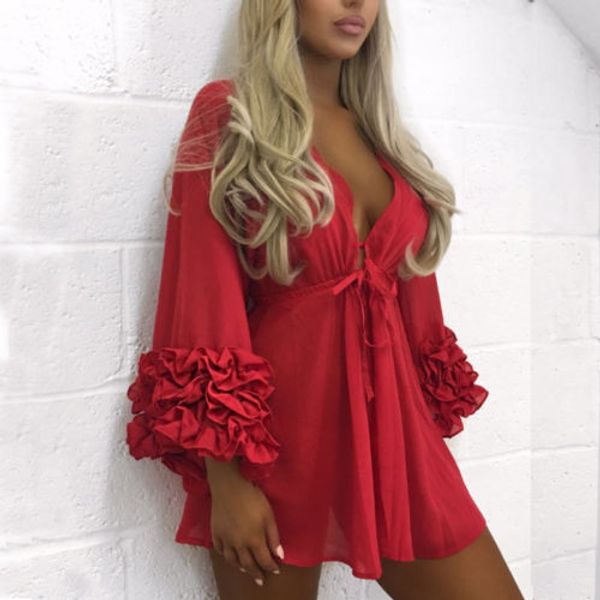 women bikini cover up swimwear ladies summer chiffon beach floral ruffles v-neck blouse women clothes, White
women bikini cover up swimwear ladies summer chiffon beach floral ruffles v-neck blouse women clothes, White