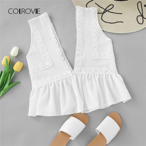 

colrovie plunging v-neckline lace trim frill hem 2018 new white contrast lace ruffle hem woman deep v neck crop vest