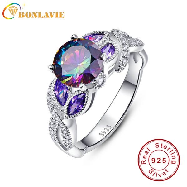

bonlavie 925 sterling silver mystical rainbow z rings with sapphire accent stone fashion design engagement wedding band ring, Golden;silver