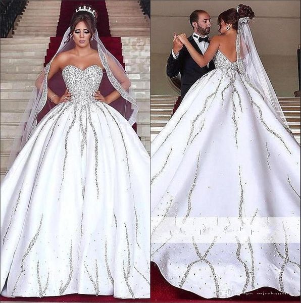 Luxury Arabic Sweetheart Satin Ball Gown Wedding Dresses Beaded Stones Top Sweep Train Wedding Bridal Gowns BA7719