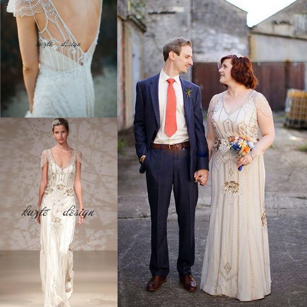 great gatsby luxury crystal ggarden wedding dresses 2018 modest cap sleeve full beaded country bohemian bridal dress jenny packham, White