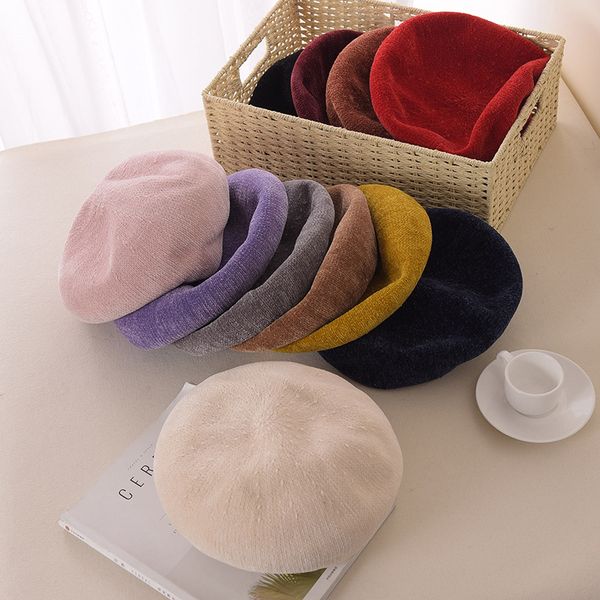 2018 новые осенние и зимние беретные шляпы дамы сплошной цвет синель колпачок толстый теплый теплый удобный дышащий элегантный головной убор, Blue;gray