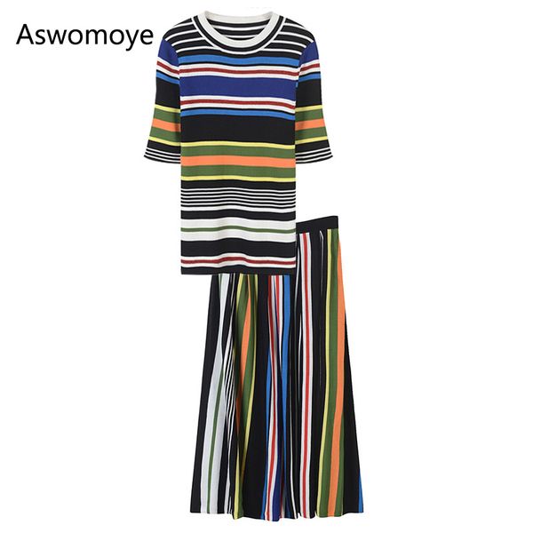 2018 new style women set round neck half sleeve striped knitted shirts+ vertical striped skirt elastic waist, White
2018 new style women set round neck half sleeve striped knitted shirts+ vertical striped skirt elastic waist, White