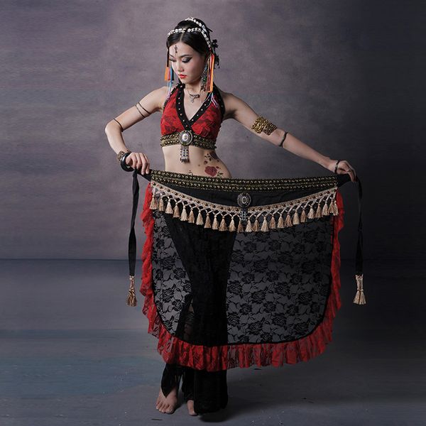 floral lace tribal belly dance clothing studded plus size 3-piece fringe costume set women crop belt pants, Black;red
floral lace tribal belly dance clothing studded plus size 3-piece fringe costume set women crop belt pants, Black;red