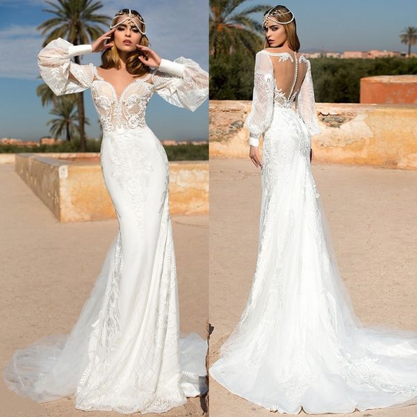 classy mermaid lace wedding dresses sheer sweetheart neck long sleeves appliqued bridal gowns sweep train tulle trumpet vestido de novia, White
classy mermaid lace wedding dresses sheer sweetheart neck long sleeves appliqued bridal gowns sweep train tulle trumpet vestido de novia, White