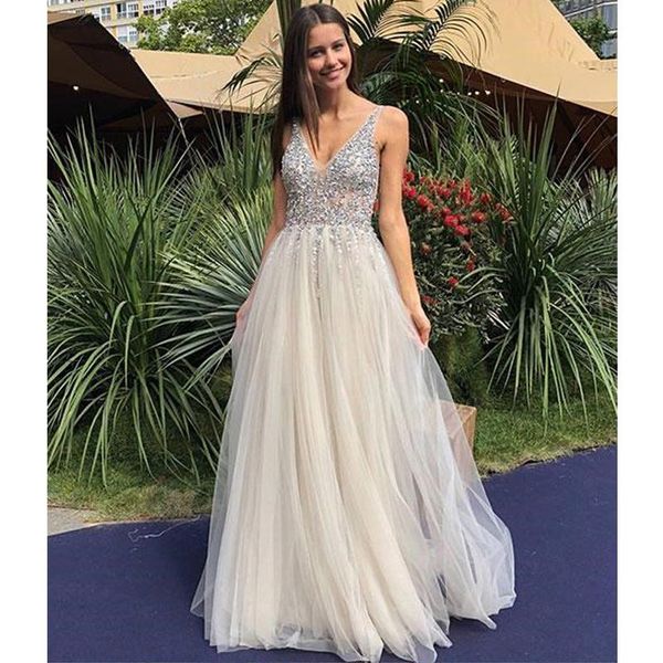 champagne v neck tulle beads sequin long prom dress a line evening dress custom made, Black
champagne v neck tulle beads sequin long prom dress a line evening dress custom made, Black