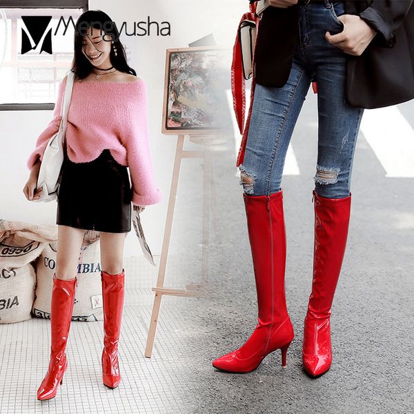 pointed toe japanned leather knee-high knight's boots women botas mujer stiletto big size 34-43 solid long booties, Black
pointed toe japanned leather knee-high knight's boots women botas mujer stiletto big size 34-43 solid long booties, Black