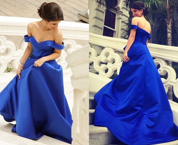 2018 off shoulders prom dress with short sleeves royal blue satin floor length evening formal dress long beaded red carpet dress 
2018 off shoulders prom dress with short sleeves royal blue satin floor length evening formal dress long beaded red carpet dress
