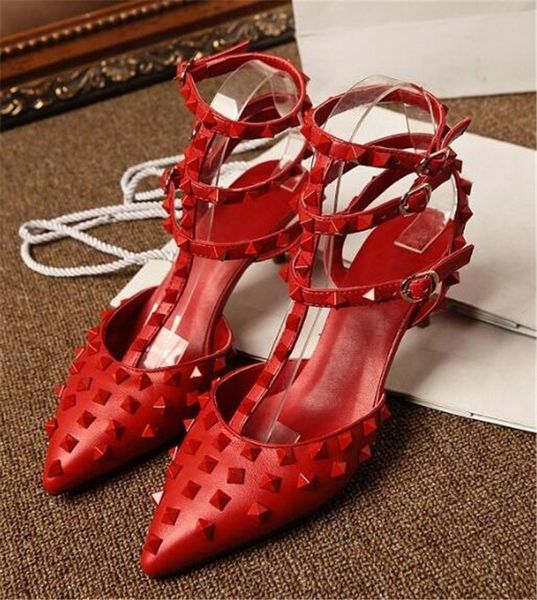 

new fashion women pointed toe red black nude white rivet pumps three straps thin high heels 6cm 8cm 10cm heels shoes