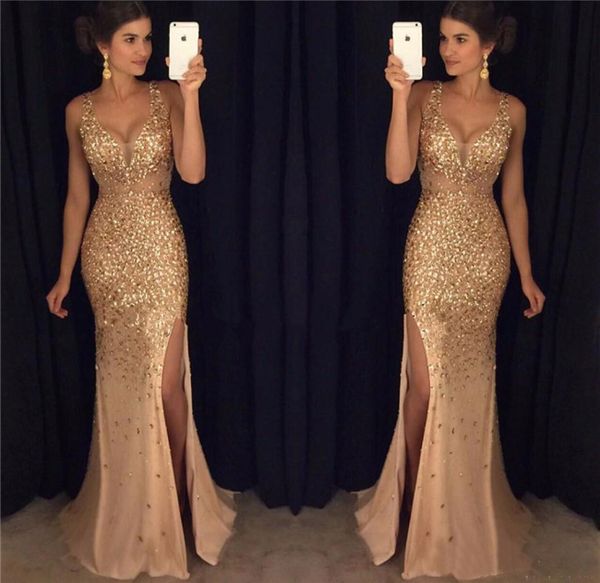 split gold prom dresses sheer deep v neck full beaded crystal backless formal evening party gowns, Black
split gold prom dresses sheer deep v neck full beaded crystal backless formal evening party gowns, Black