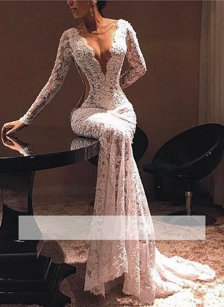 Sexy Sheer Lace Evening Dresses V Neck Long Sleeves illusion Mermaid Prom Dresses Vintage Full Lace Sequins Celebrity Party Dresses 
Sexy Sheer Lace Evening Dresses V Neck Long Sleeves illusion Mermaid Prom Dresses Vintage Full Lace Sequins Celebrity Party Dresses