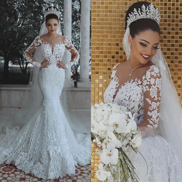 luxury mermaid mermaid wedding dresses sheer neckline 3d appliques illusion long sleeves wedding dress beads sequin bride dress african wear, White
luxury mermaid mermaid wedding dresses sheer neckline 3d appliques illusion long sleeves wedding dress beads sequin bride dress african wear, White