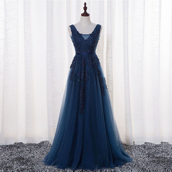 long appliques beaded prom dresses navy blue tulle sheer v neck formal evening party dresses vestido de festa, Black
long appliques beaded prom dresses navy blue tulle sheer v neck formal evening party dresses vestido de festa, Black