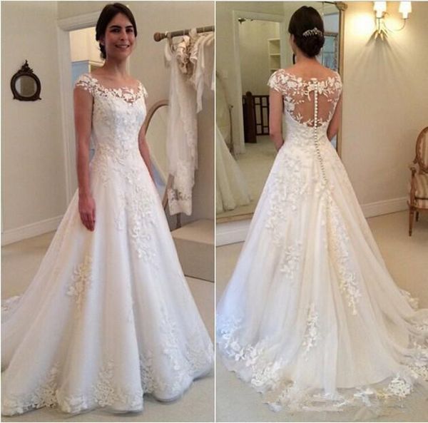 cap sleeve lace floral wedding dresses 2018 modest sheer back 3d detail jewel full length church garden civil bridal gown, White
cap sleeve lace floral wedding dresses 2018 modest sheer back 3d detail jewel full length church garden civil bridal gown, White